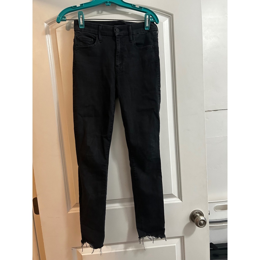 Mother High Waisted Looker Jeans Dancing In The Dark Frayed Hem Black Skinny